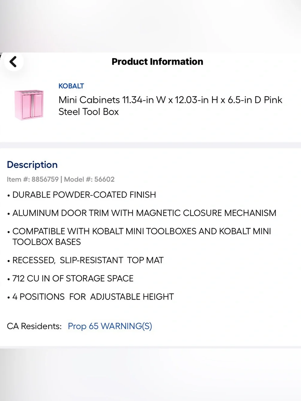 Kobalt Mini Cabinet: New in Box, light pink finish, hard to find